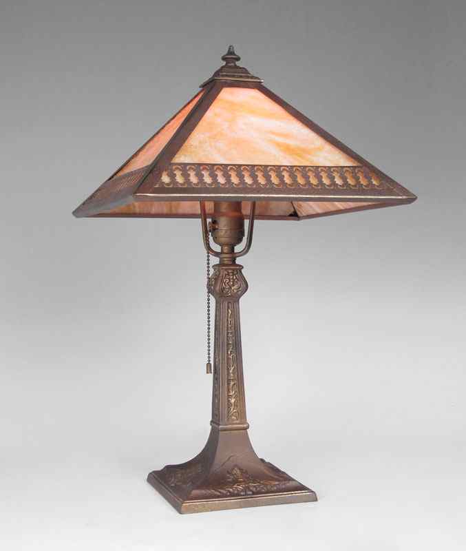 Appraisal: VINTAGE SLAG GLASS TABLE LAMP Attrib Empire panel caramel slag