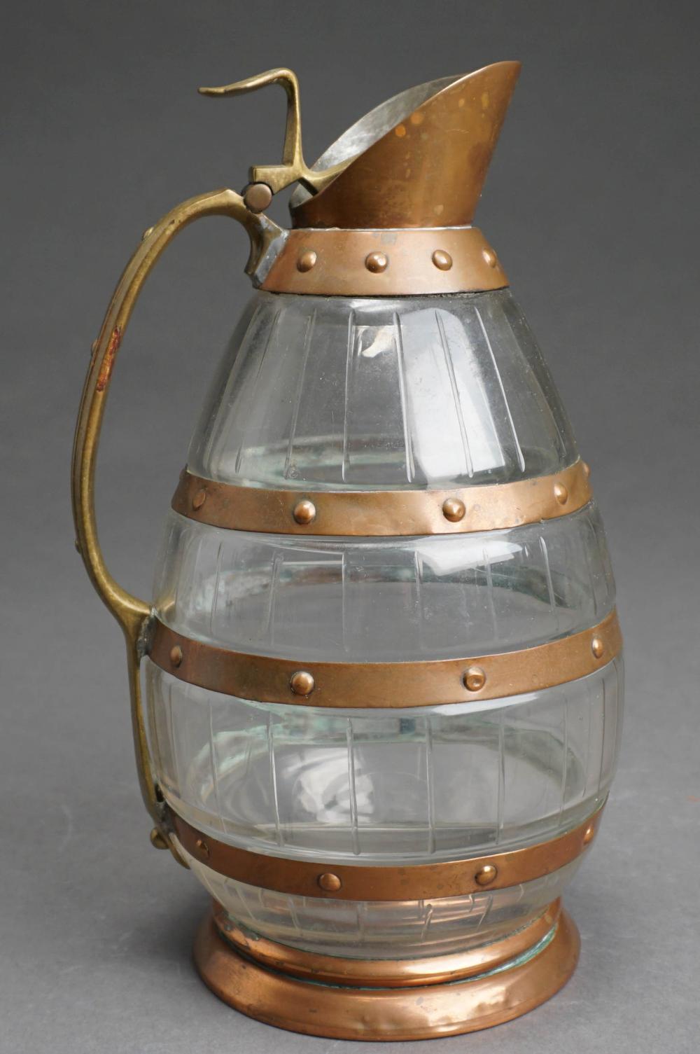 Appraisal: AFTER GUSTAVE SERRURIER-BOVY BELGIAN COPPER AND GLASS CARAFE H IN