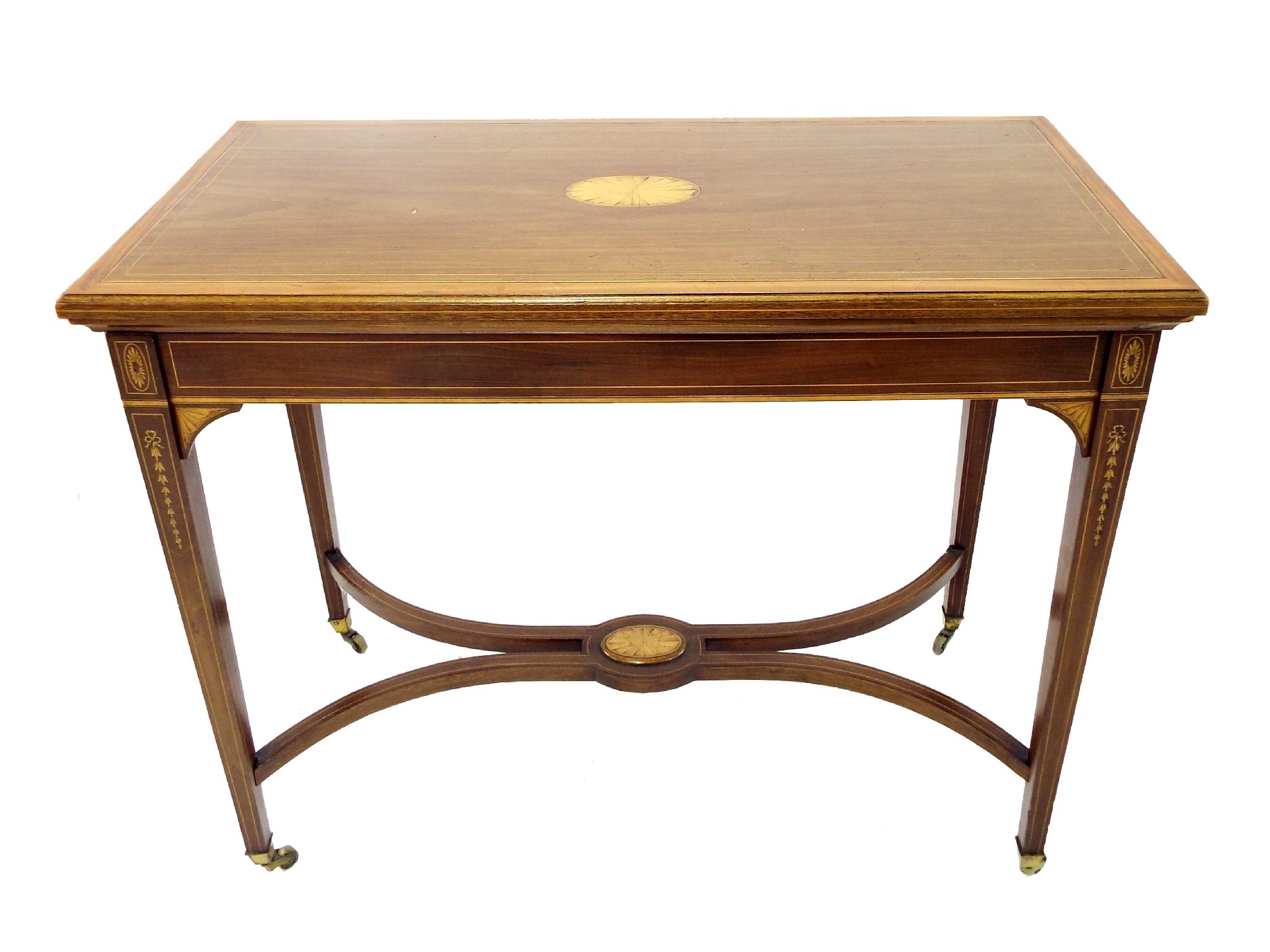 Appraisal: Edwardian Sheraton style inlaid walnut foldover games table the hinged