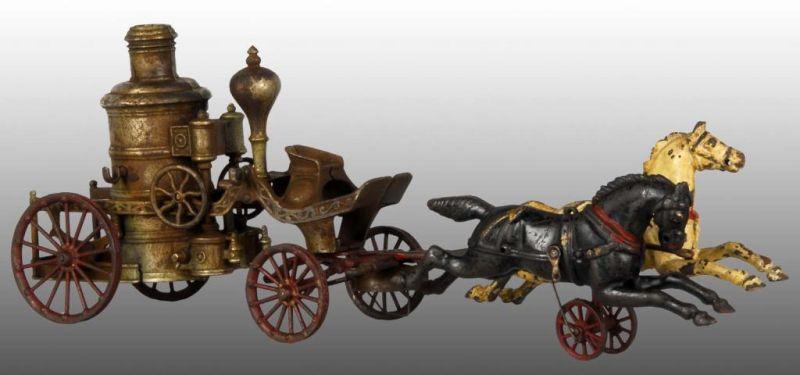 Appraisal: Cast Iron Horse-Drawn Fire Pumper Toy Description Two horses in