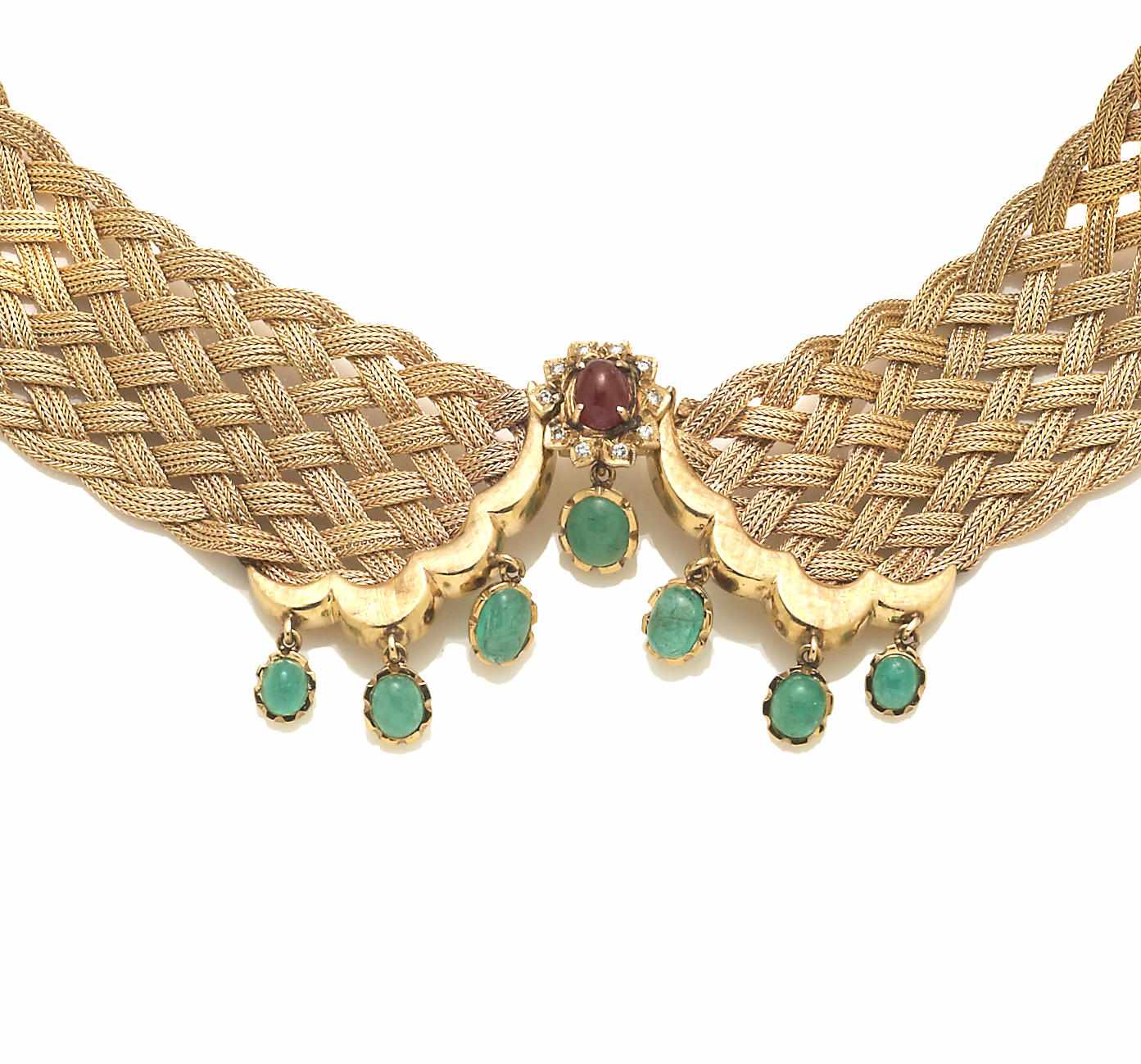 Appraisal: A ruby emerald diamond and fourteen karat gold mesh collar