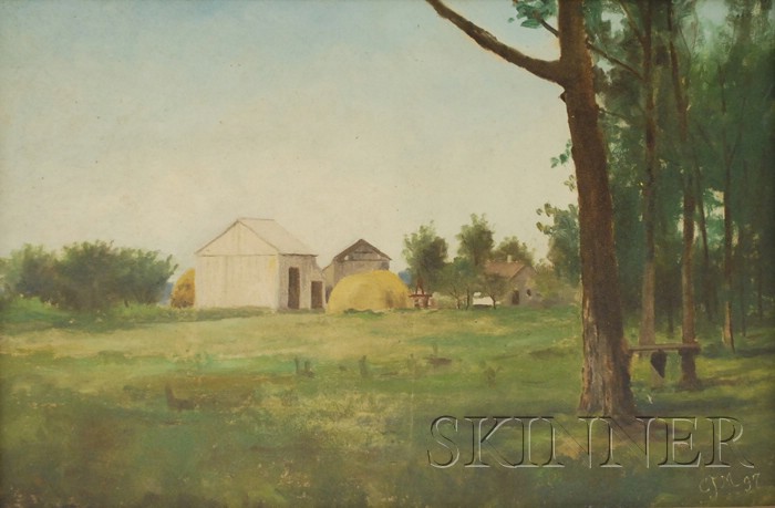 Appraisal: American School th Century Landscape with Gray Barns Monogrammed and