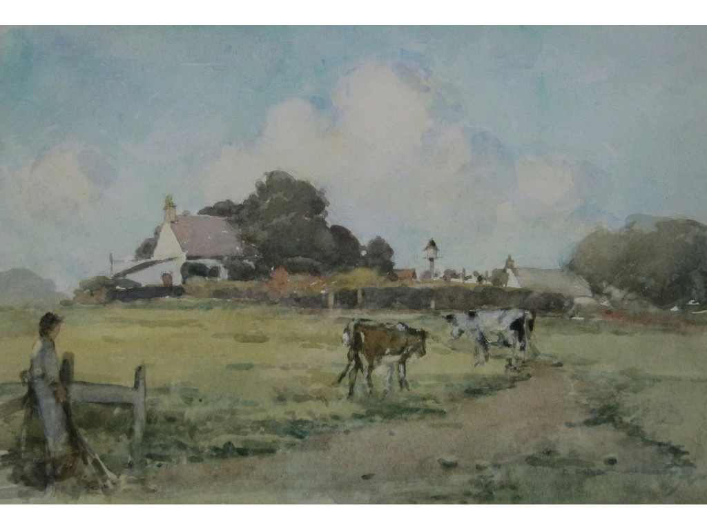 Appraisal: ROBERT EADIE RSW - Watercolour landscape with a farmhouse cattle