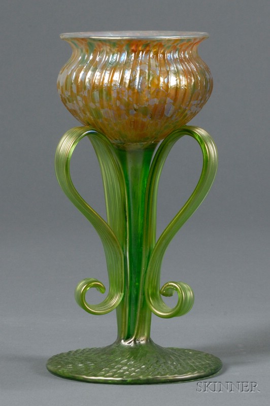 Appraisal: Three-handled Vase Attributed to Loetz Glass Early th century Gold