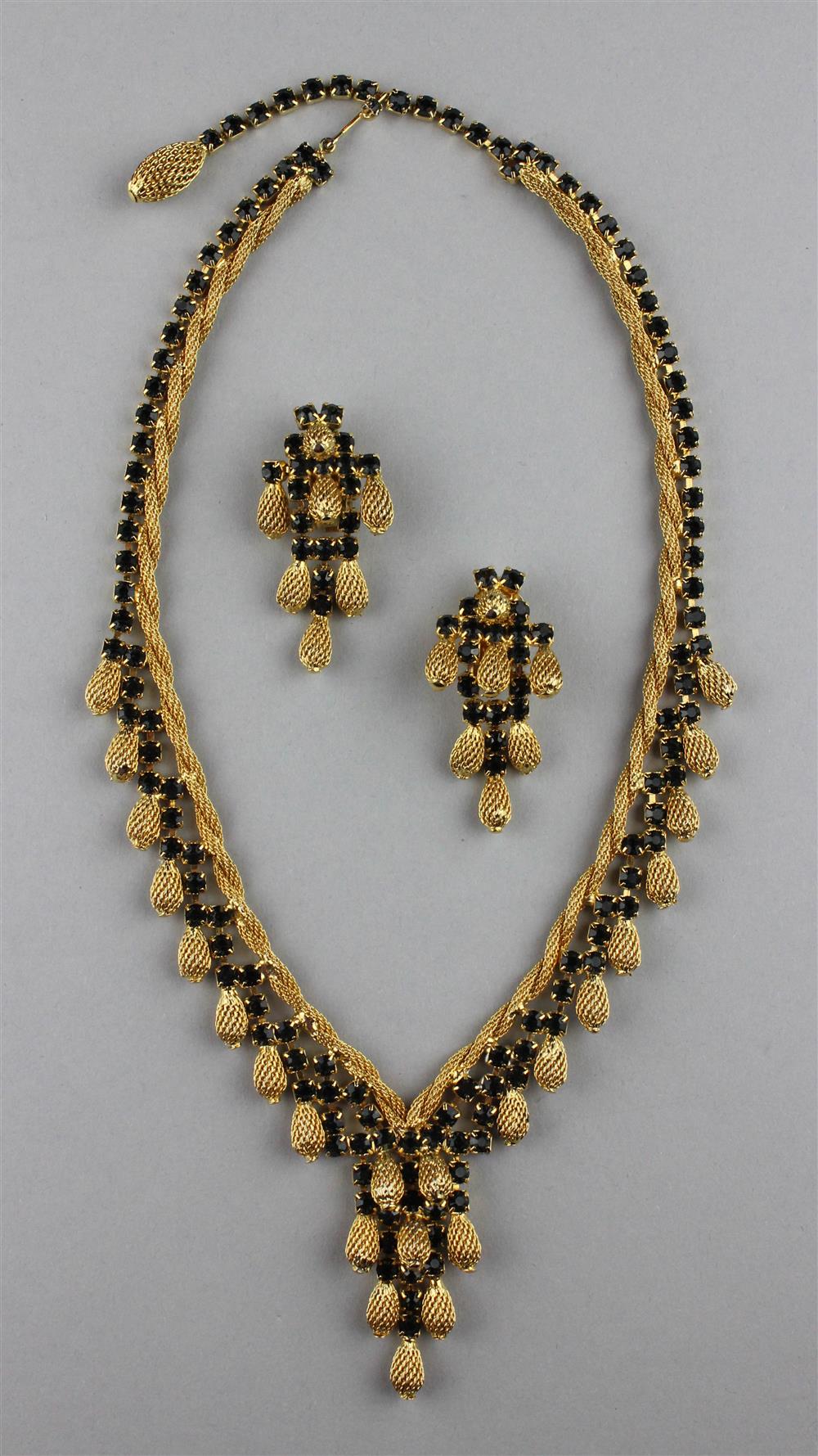 Appraisal: HOBE SEMI-PARURE necklace and earrings with blue rhinestones and gold