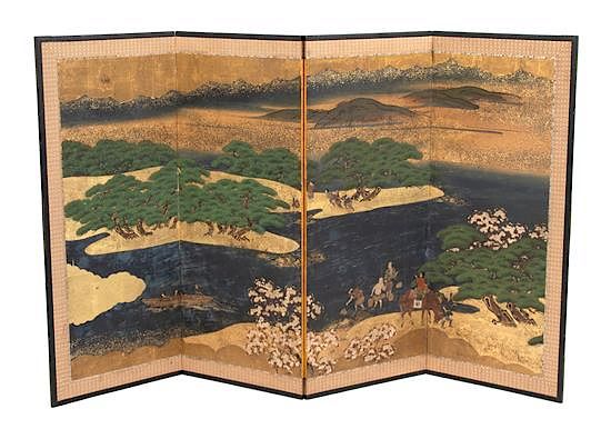 Appraisal: A Pair of Japanese Painted and Gilded Four-Fold Screens Each