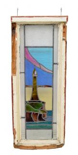 Appraisal: ANTIQUE STAINED GLASS WINDOW DEPICTS A LIGHTHOUSE Framed multi-colored antique