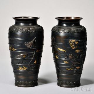 Appraisal: Pair of Cast Bronze Vases Japan th th century bulbous