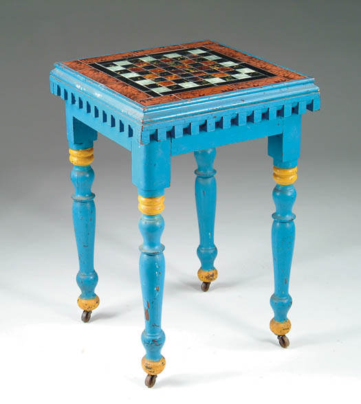 Appraisal: INTERESTING TILE TOP CHECKERBOARD TABLE The heavy square tall stand