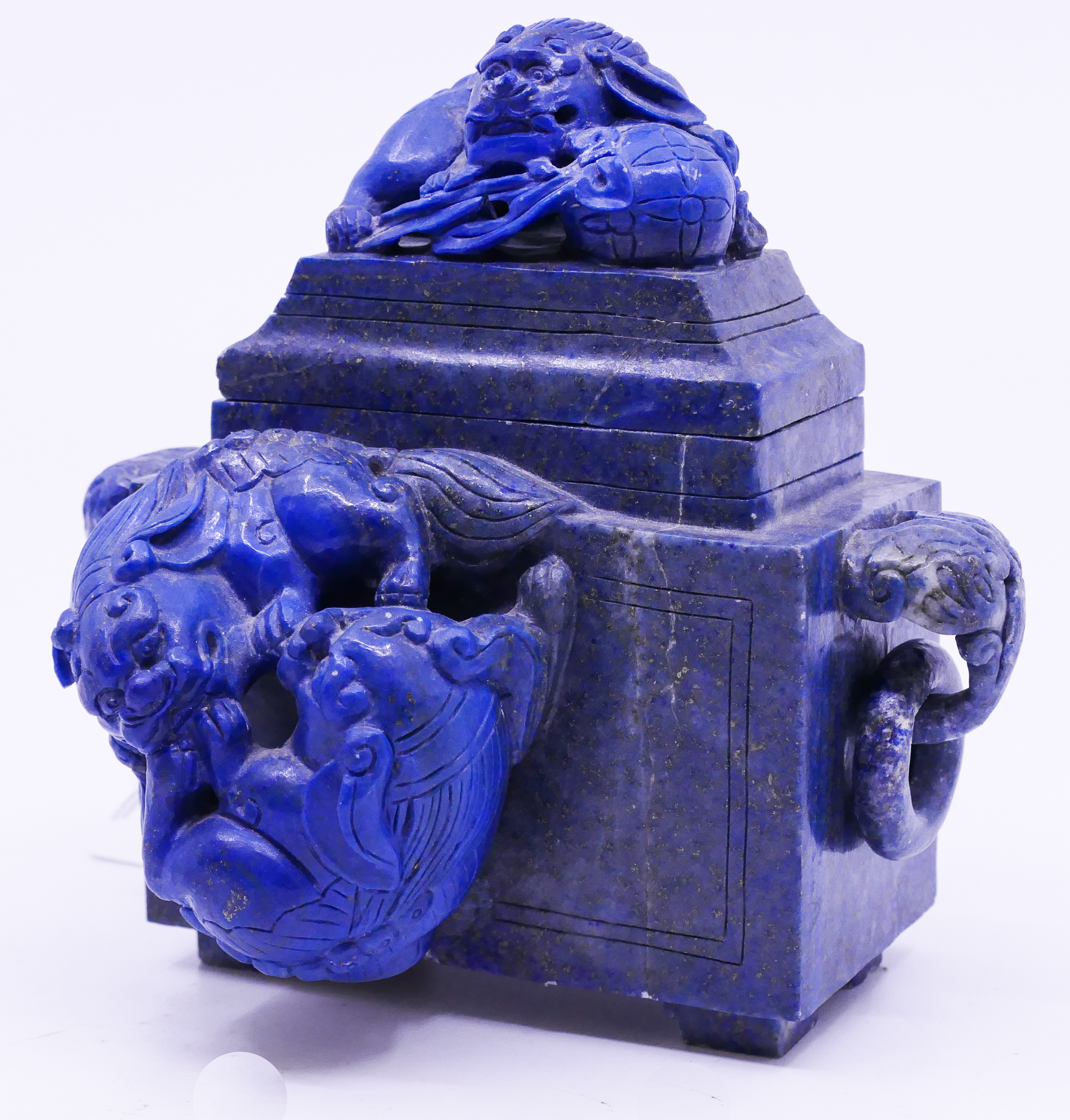 Appraisal: Chinese Carved Lapis Foo Lion Covered Censer- x ''- repair