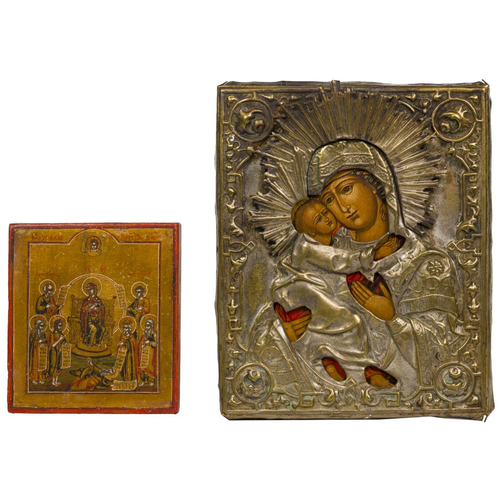 Appraisal: RUSSIAN RELIGIOUS HAND PAINTED ICONS items including a Mother Mary