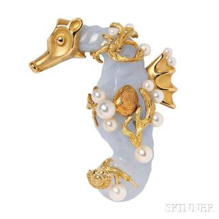 Appraisal: kt Gold Blue Chalcedony and Cultured Pearl Brooch Seaman Schepps