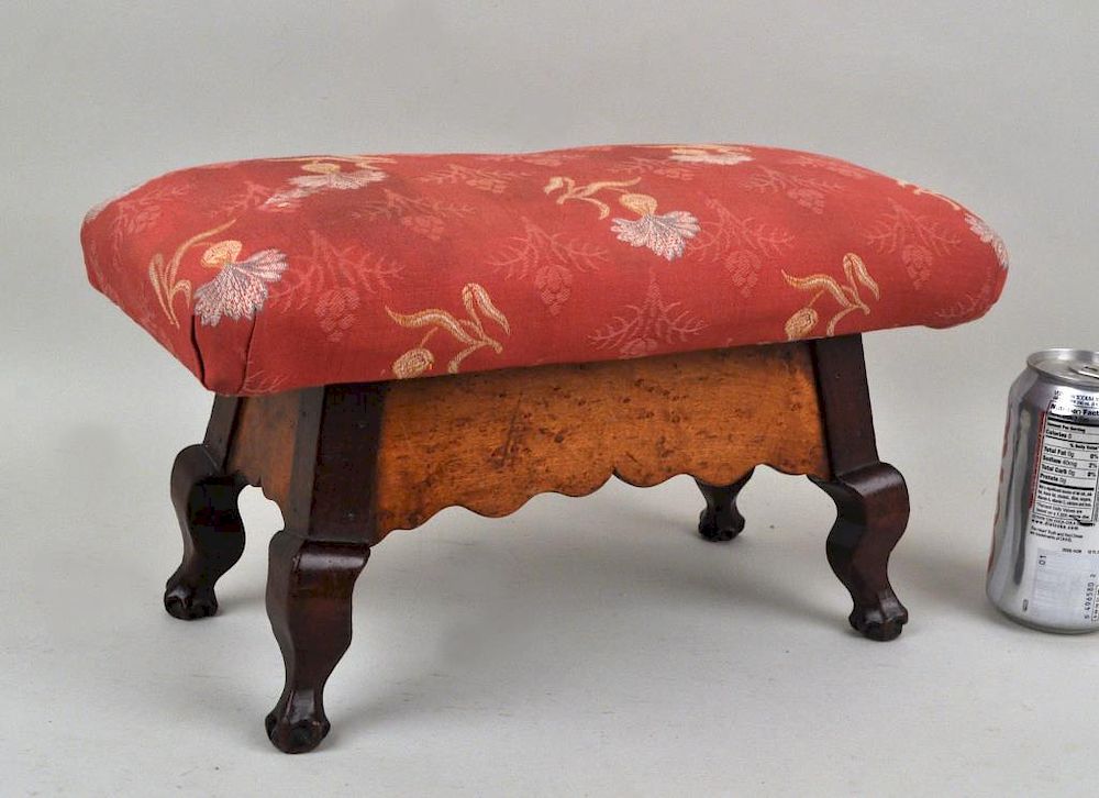 Appraisal: Primitive Upholstered Maple Stool with unusual carved claw feet Age