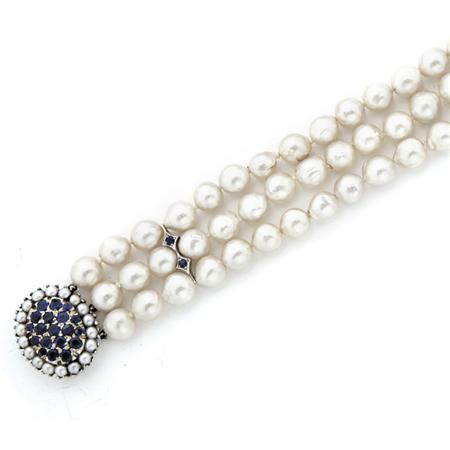 Appraisal: Triple Strand Semi-Baroque Cultured Pearl and Sapphire Bracelet Estimate -