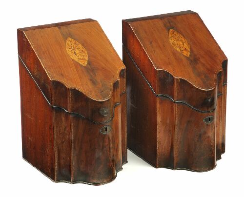 Appraisal: A pair of George III mahogany serpentine knife boxes chevron