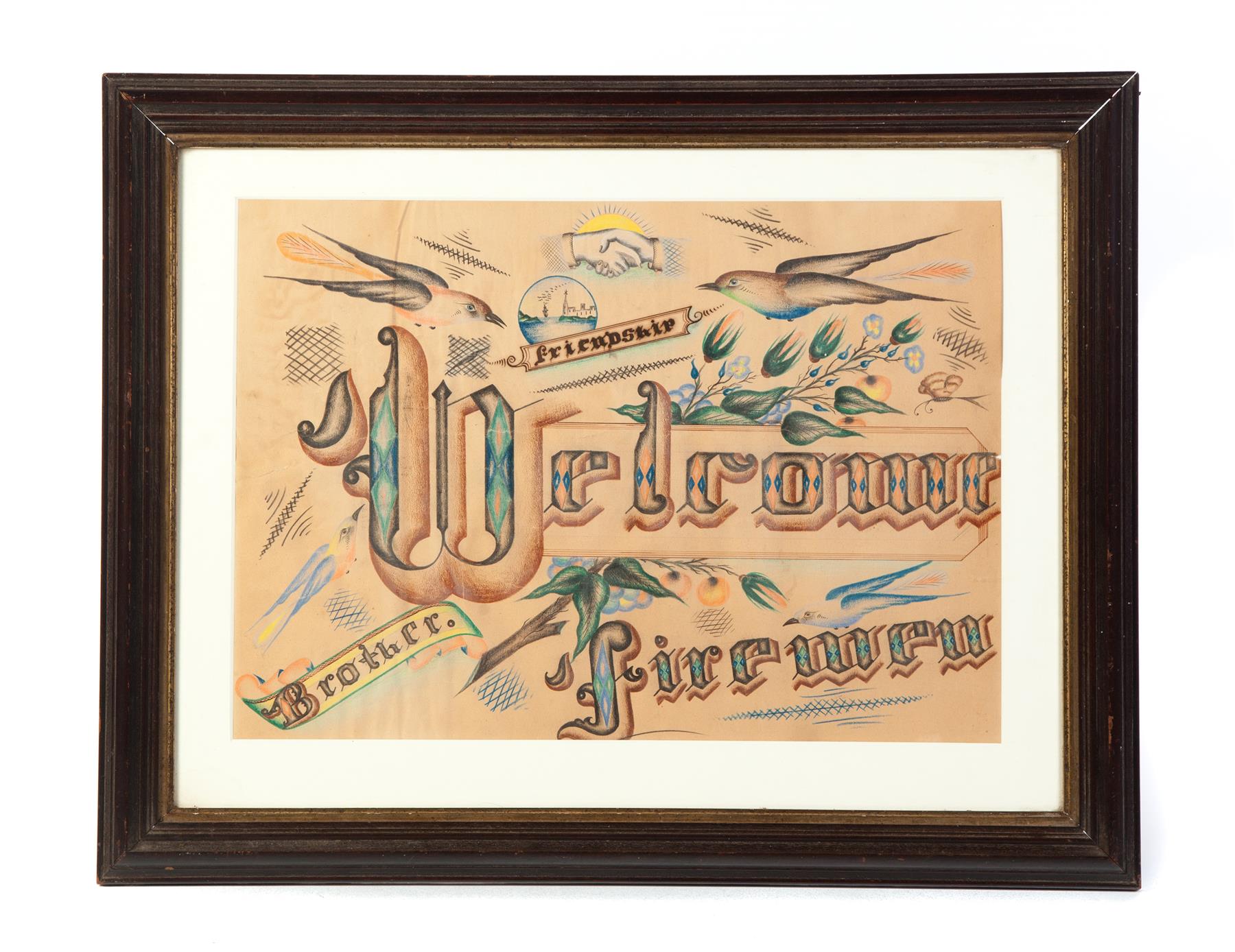 Appraisal: FRAMED CALLIGRAPHY IN COLORED PENCIL American th quarter- th century