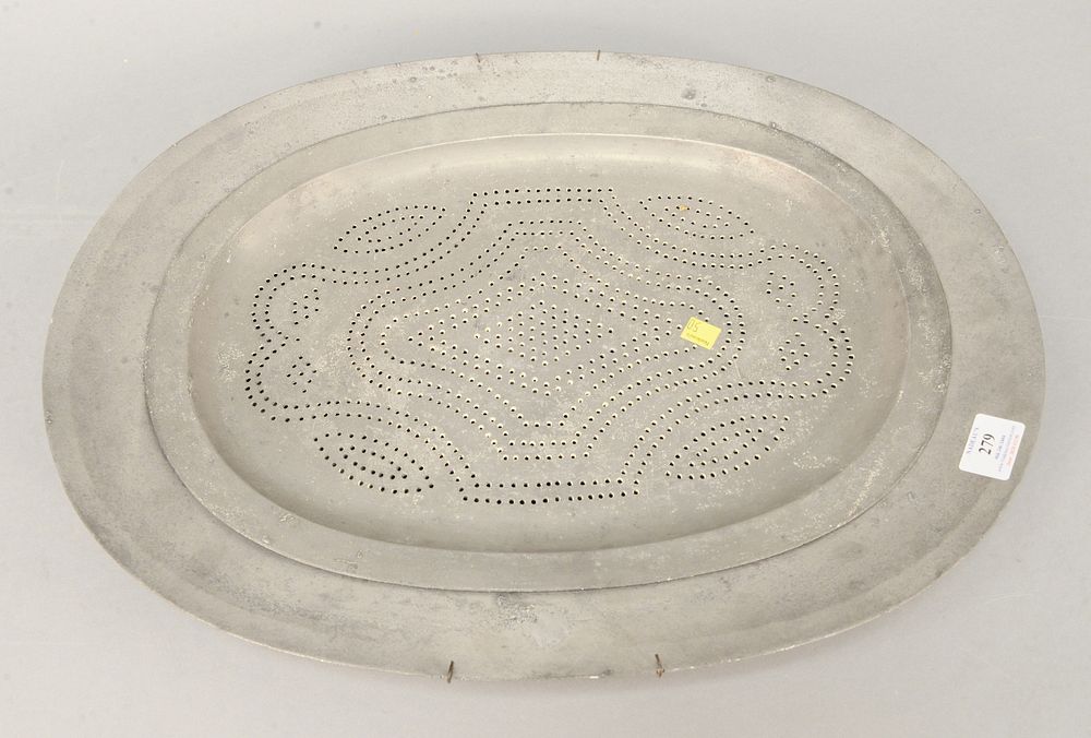 Appraisal: Large th C pewter platter with fitted strainer center x