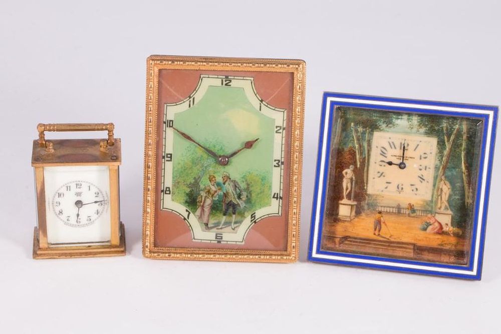 Appraisal: Three Table Clocks th Century Miniature Carriage Clock by Waterbury