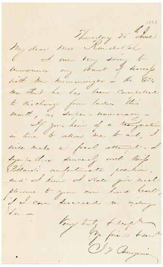 Appraisal: CIVIL WAR -- BENJAMIN Judah P Autograph letter signed J