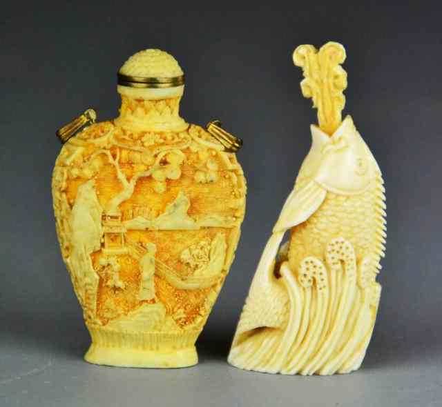 Appraisal: Chinese Carved Snuff Bottles Including IvoryOne finely carved in ivory