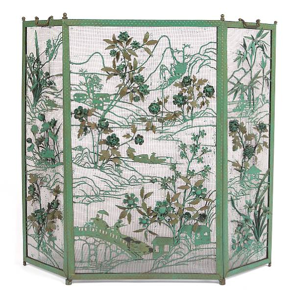 Appraisal: A chinoiserie decorated tole and wrought metal three fold fire