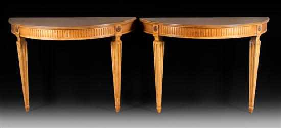 Appraisal: Pair of Louis XVI style banded pecan wood demilune hall