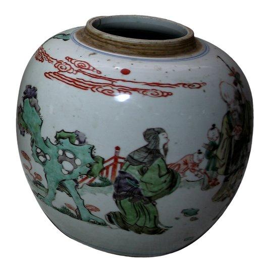 Appraisal: A famille verte ovoid jar Kangxi decorated sages in a