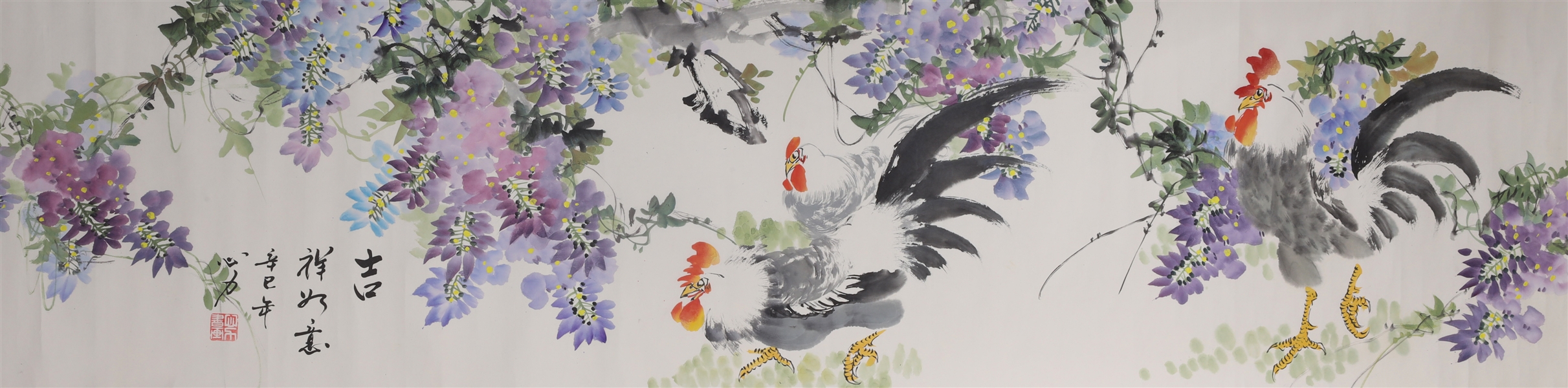 Appraisal: Chinese ink and color on paper painting of roosters and