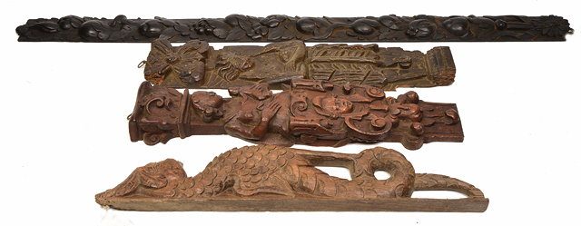 Appraisal: FOUR ANTIQUE CARVED WOODEN ELEMENTS to include a vine of