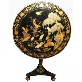 Appraisal: Chinese Export Lacquerware Tilt Top Table Polychromed landscape design Elaborate