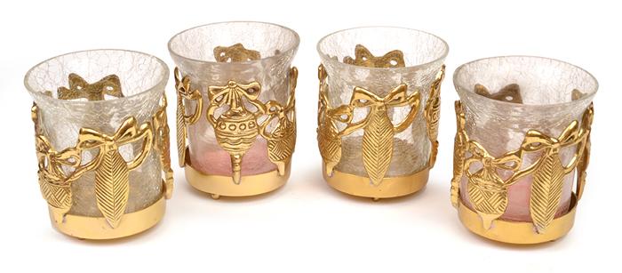 Appraisal: FOUR LARGE CRACKLE-GLAZED BRASS-BANDED CHRISTMAS TEA LIGHTS