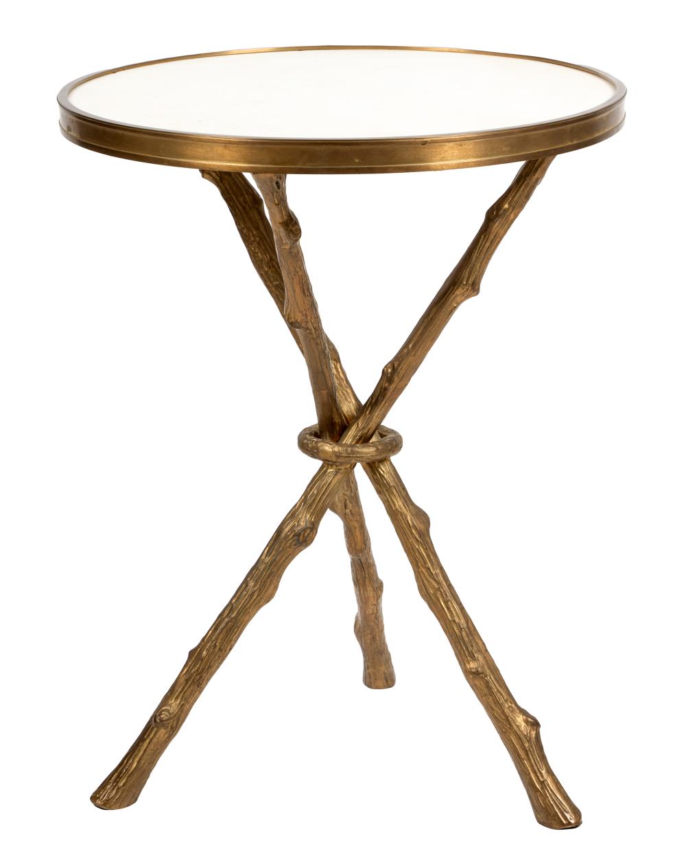 Appraisal: ROUND FAUX BOIS TRIPOD COCKTAIL TABLEbrass and white stone unsigned