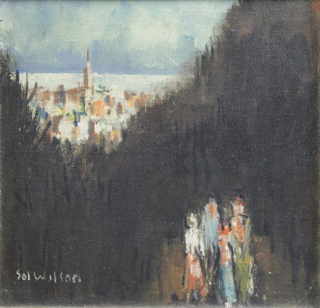 Appraisal: WILSON Sol Oil on Canvasboard Distant Cityscapewith Figures Signed lower