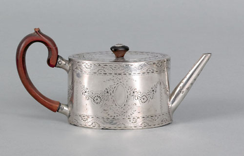 Appraisal: Miniature engraved silver teapot ca bearing the touch RE ozt