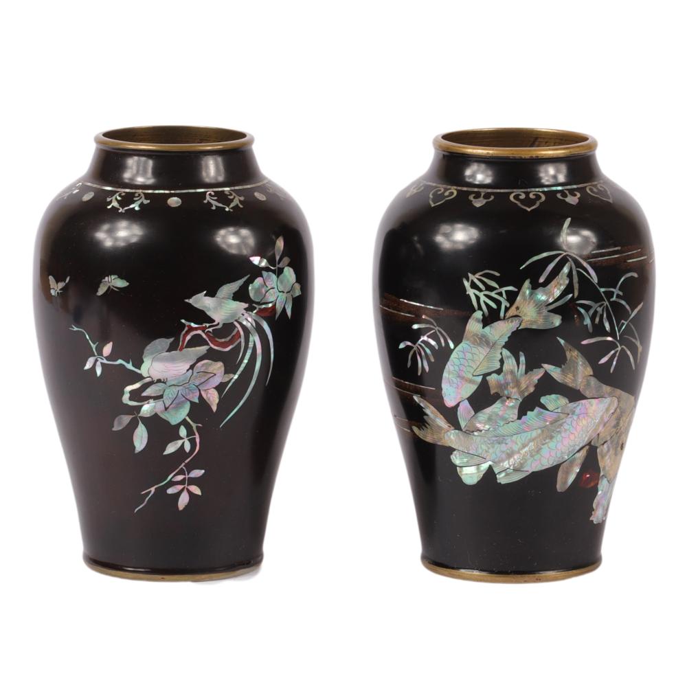 Appraisal: PAIR OF JAPANESE BLACK GROUND CLOISONNE WEDDING VASES WITH INLAID