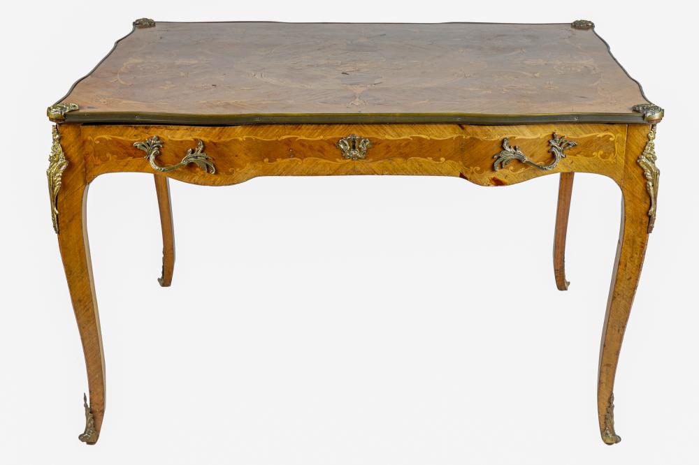 Appraisal: FRENCH GILT METAL-MOUNTED MARQUETRY DESKthe shaped top inlaid with flowers