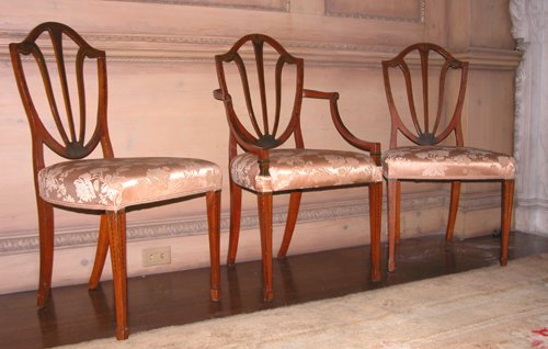 Appraisal: Title English Decorated Satinwood Shield-back Dining Chairs with upholstered seats