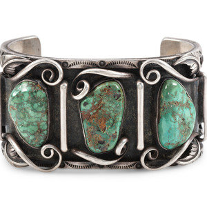 Appraisal: Navajo Large Men's Silver and Turquoise Cuff Bracelet third quarter