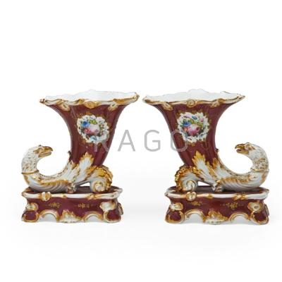 Appraisal: PAIR OF FRENCH OLD PARIS CORNUCOPIA VASES Griffin head decoration