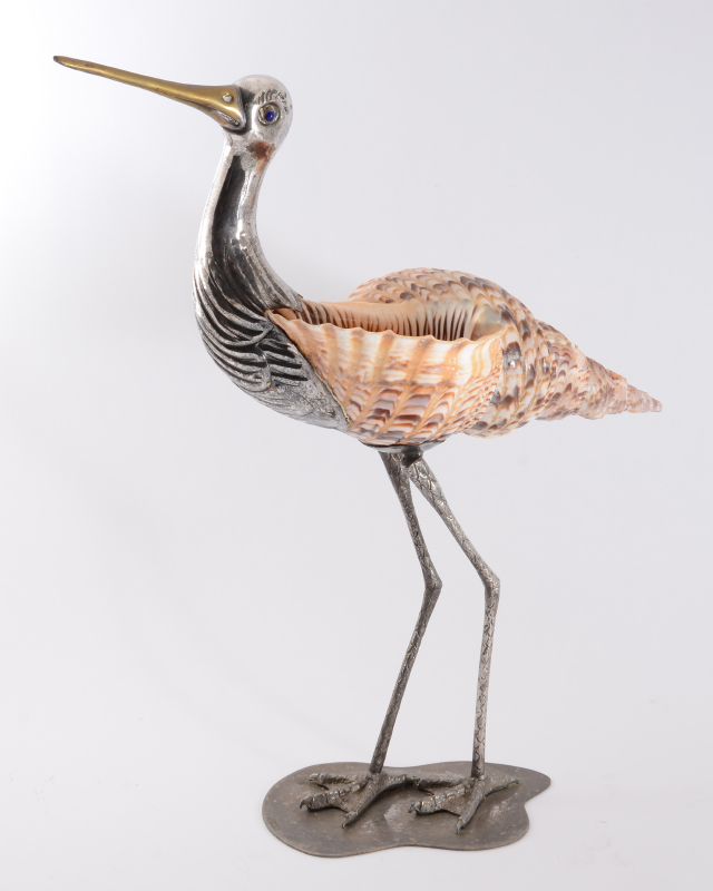 Appraisal: BINAZZI FORESTO ITALIAN BIRD WITH SHELL FIGURE Stork or egret