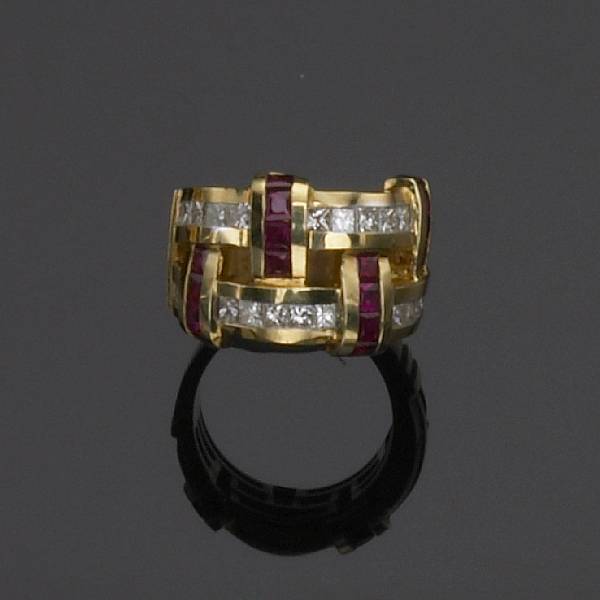 Appraisal: A ruby diamond and k gold ring with square-cut rubies