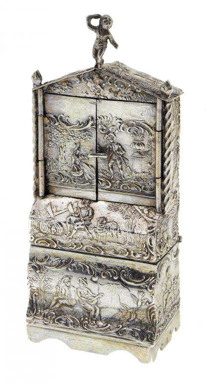 Appraisal: A CONTINENTAL SILVER MINIATURE BUREAU of bomb form the upper