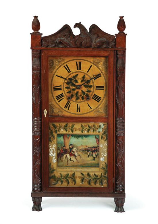 Appraisal: SHELF CLOCK American - mahogany and pine Carved columns eagle