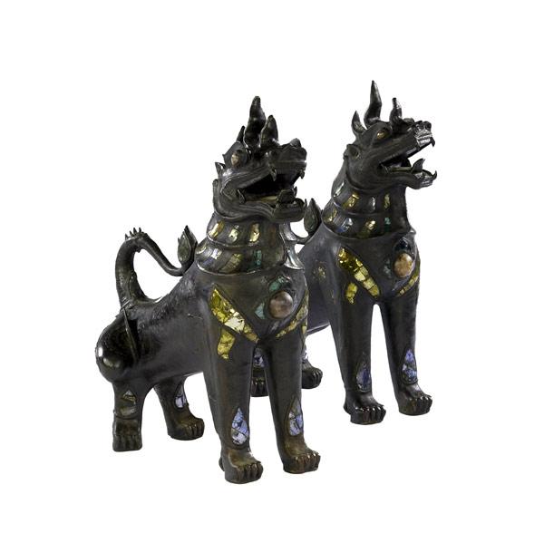 Appraisal: Pair of bronze Foo dogs th th C Glass mosaic