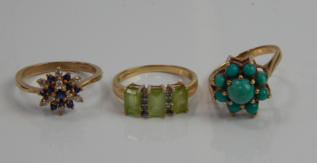 Appraisal: Three ct gold dress rings one set with imitation turquoise