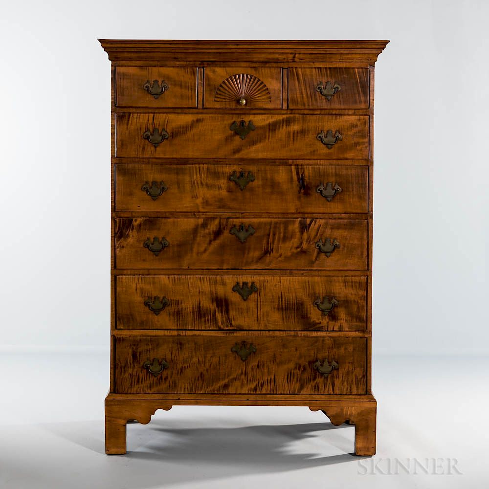 Appraisal: Carved Tiger Maple Tall Chest of Drawers Carved Tiger Maple