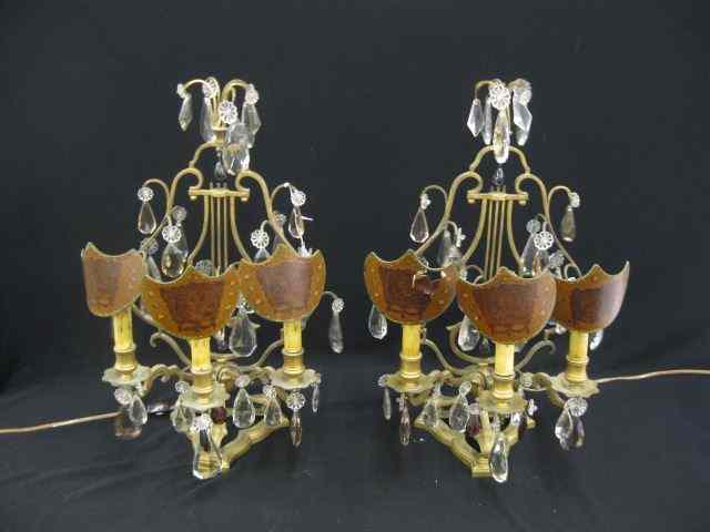 Appraisal: Pair of French Lustres or Lamps withamethyst clear cut crystal