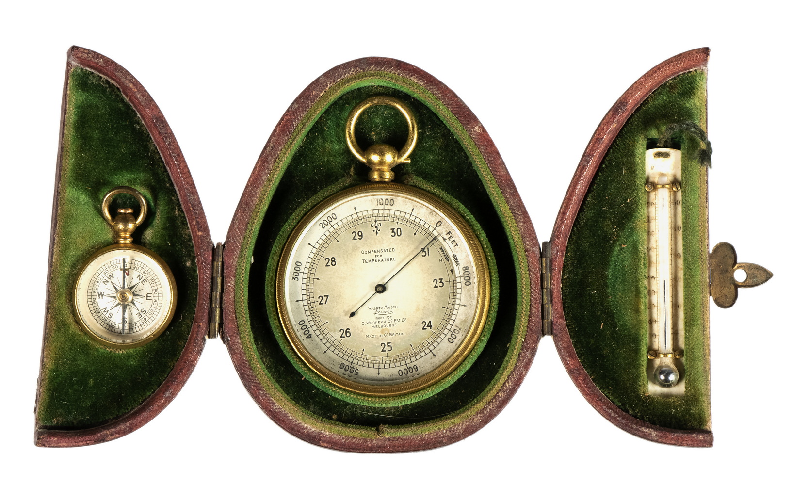 Appraisal: SHORT MASON GILT METAL CASED POCKET COMPENSATED BAROMETER COMPASS THERMOMETER