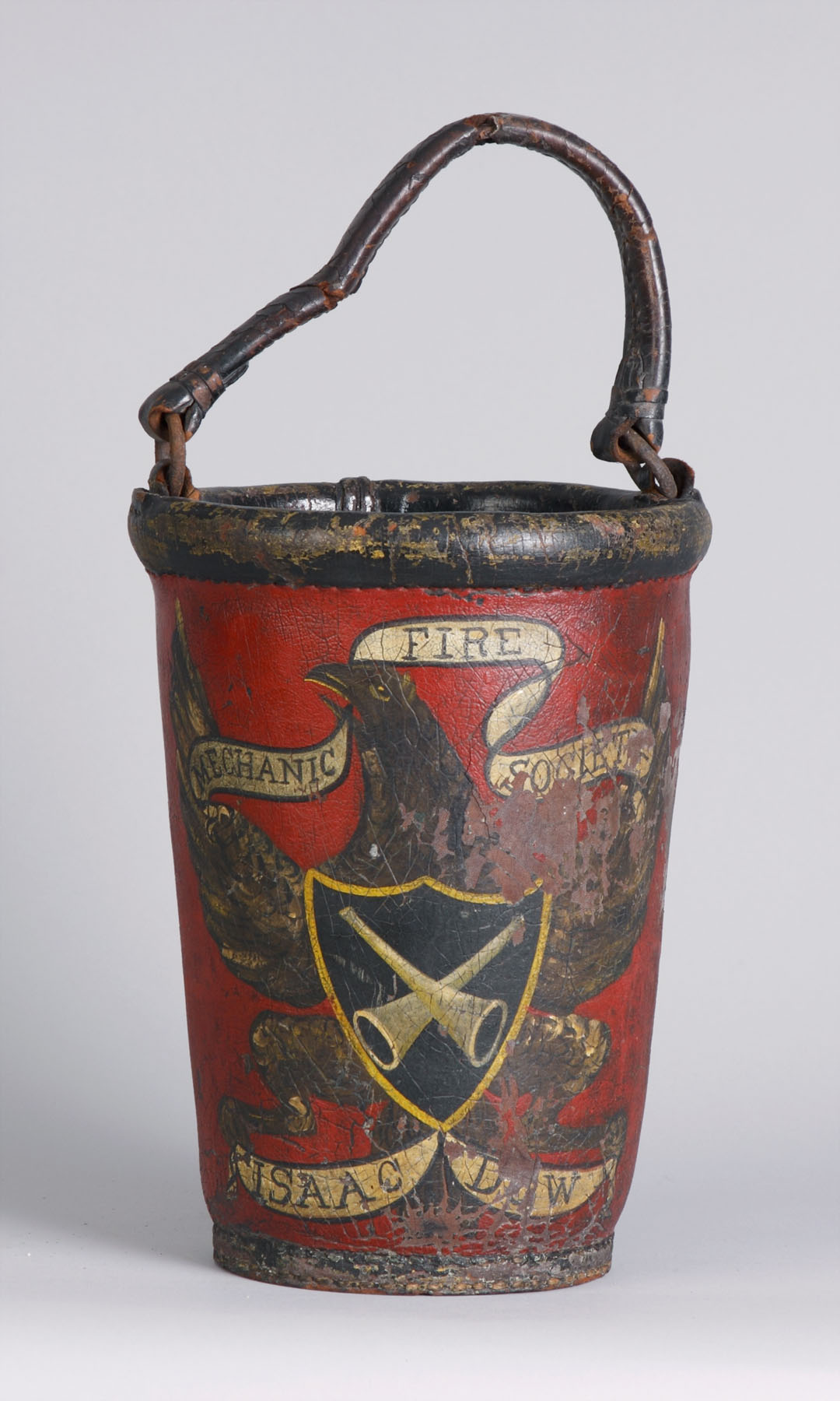 Appraisal: Painted Fire Bucket Eagle with crossed trumpets in shield C