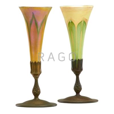 Appraisal: TIFFANY STUDIOS Two Favrile glass vases with pulled feather decoration